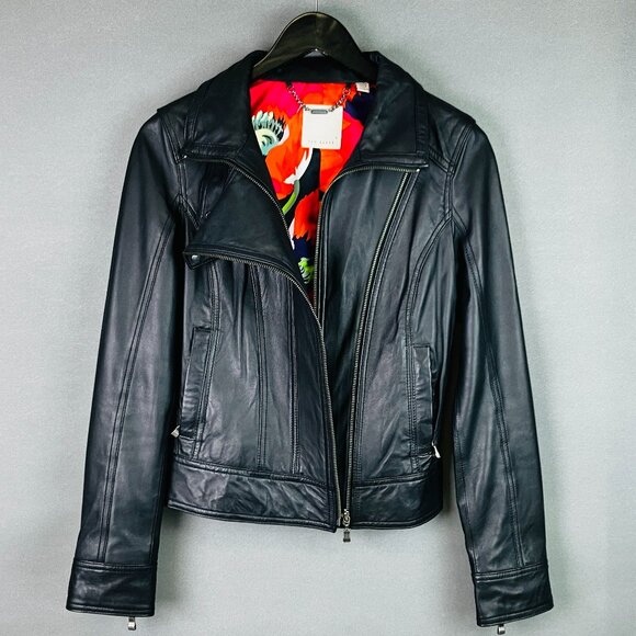 Ted Baker Women Black Biker Leather Jacket size 2, barely worn, like new - Picture 1 of 13
